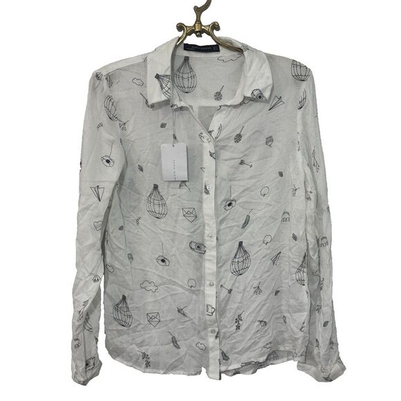 Zara Tops - Zara White Sheer Button-Up Blouse with Black Sketch Print